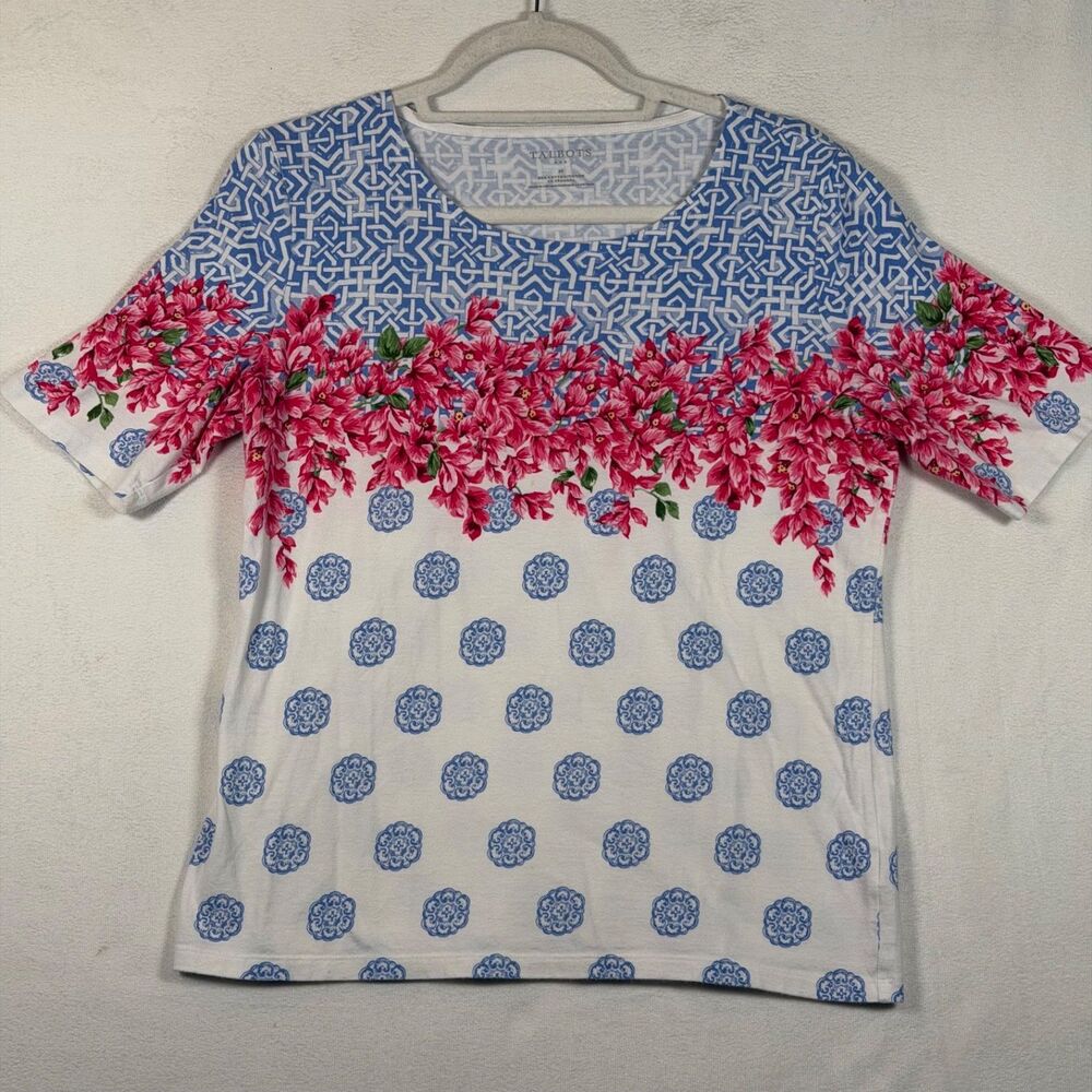 Talbots Floral Geometric Print Top Womens Medium Blue Pink Short Sleeve Stretch